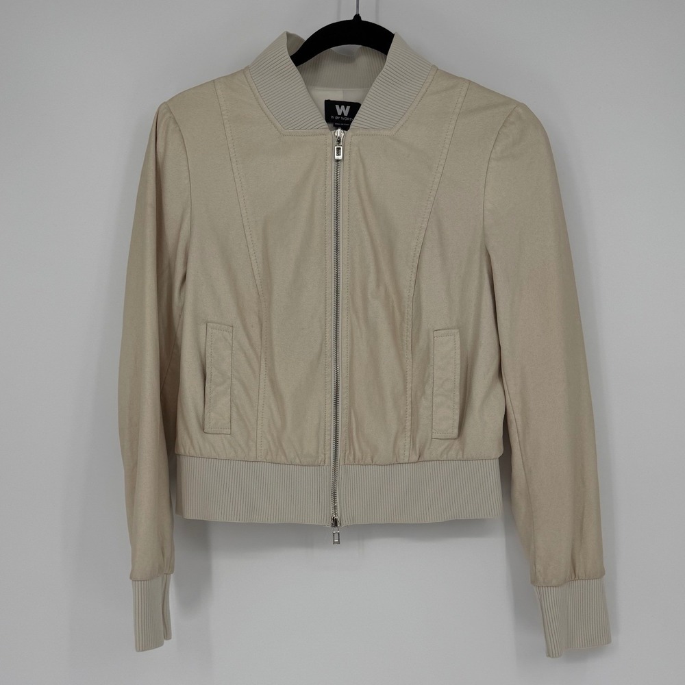 W by Worth Womens Cream Faux Leather Bomber Jacket Beige Size S Zip Up Ribbed